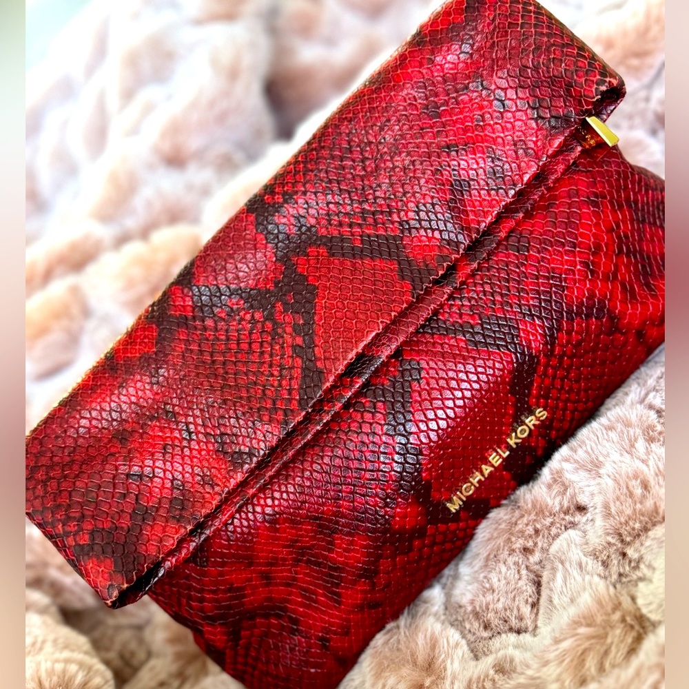 Micheal Kors Red Snakeskin Clutch With Strap